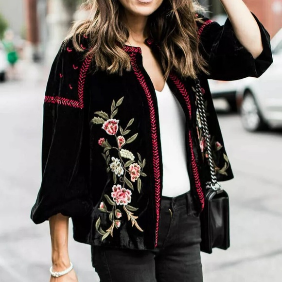 Zara Jackets & Blazers - Zara Woman Black Velvet Embroidered Balloon Sleeve Open Front Jacket medium